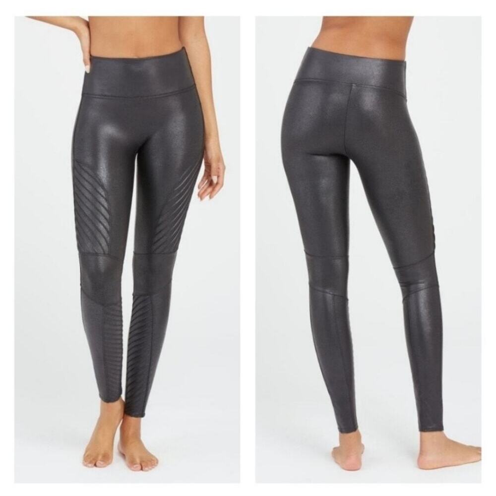 SPANX Women's Faux Leather Moto Leggings in Black size Large 17840
